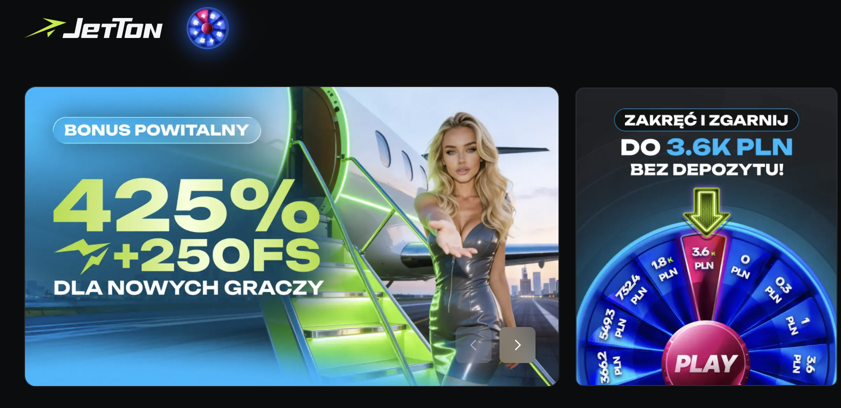 Baner bonusu powitalnego Jetton casino: 425% + 250 FS dla nowych graczy
