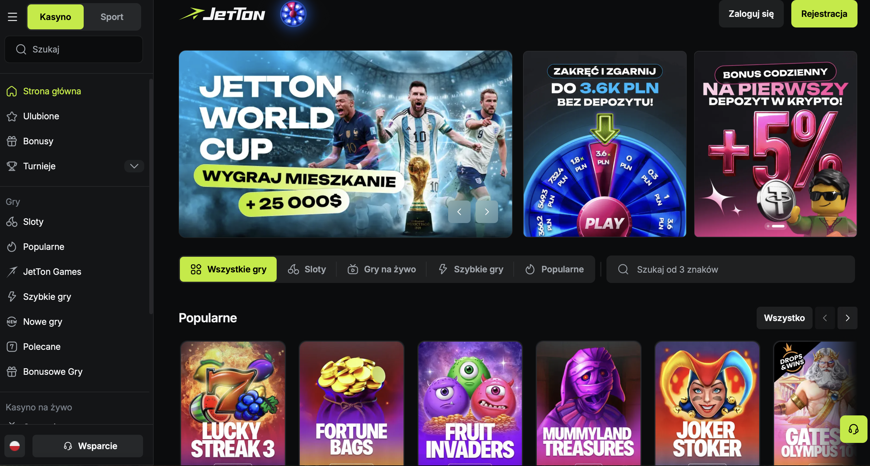 Strona główna Jetton casino z banerem promocyjnym i biblioteką gier