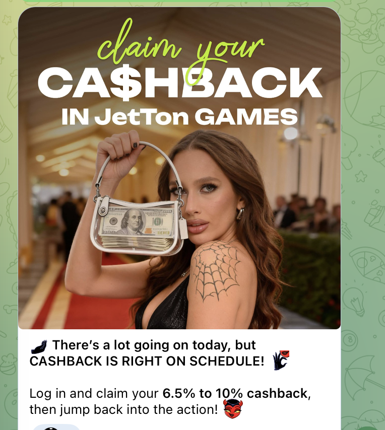 Jetton Telegram — cashback Post na Telegramie Jetton o cashbacku od 6,5 do 10 procent w JetTon Games
