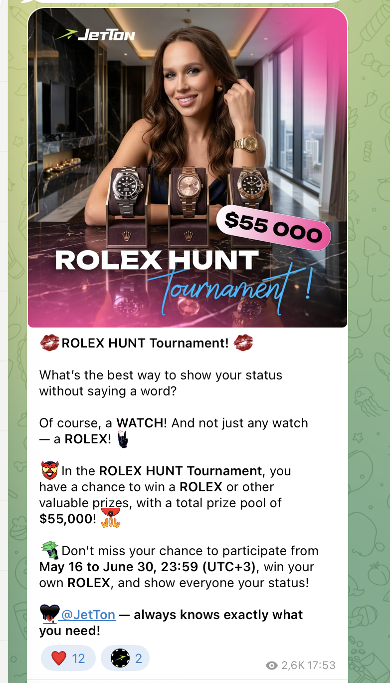 Jetton Telegram — turniej ROLEX Hunt Post na Telegramie Jetton o turnieju ROLEX Hunt z pulą 55 000 dolarów